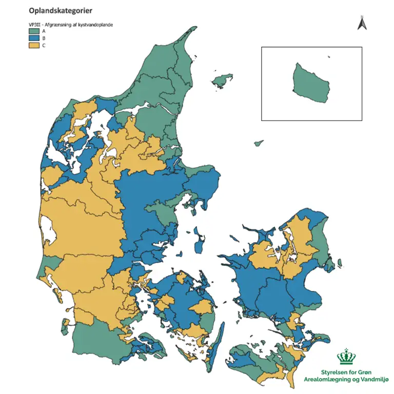 Danmarkskort med oplandskategorier (forel&oslash;bigt grundlag)