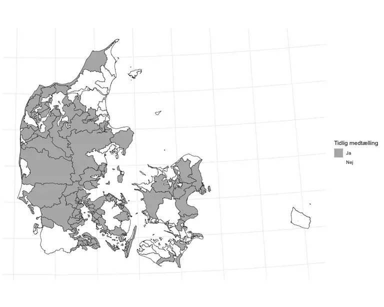 Illustration: Danmarkskort med oplande omfattet af medtalt v&aring;dl&aelig;gningseffekt 2027